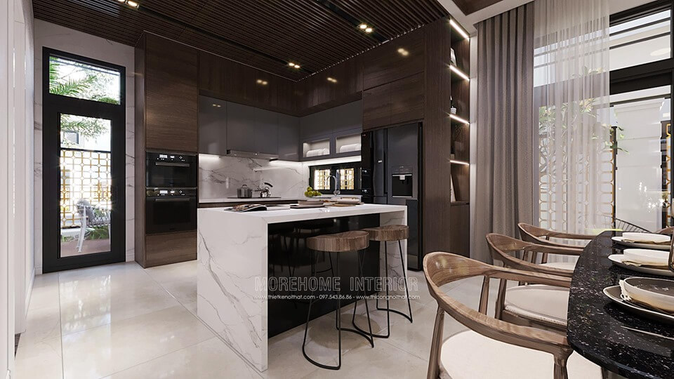 Thiết kế nội thất phòng bếp gỗ hiện đại cho biệt thự tại Starlake Tây Hồ Thiết kế nhà bếp tiện nghi sang trọng