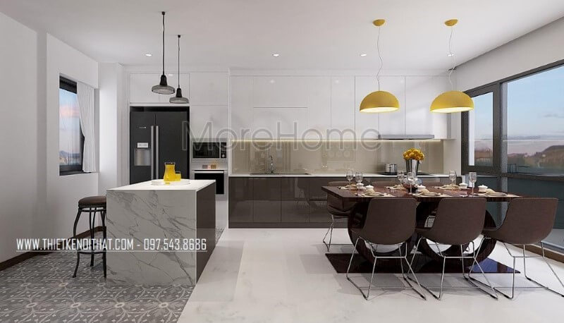 Bố trí phòng ăn lồng phòng bếp hiện đại tạo nên không gian vừa đẹp vừa tiện nghi vừa sang trọng. Thiết kế nhà bếp tiện nghi sang trọng